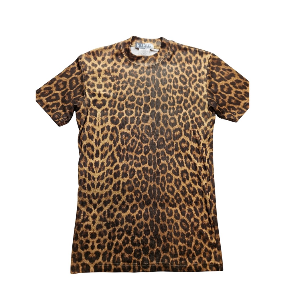 M. Arbani Leopard Print Mock Neck Short Sleeve Top Brown Cheetah Stretch OS